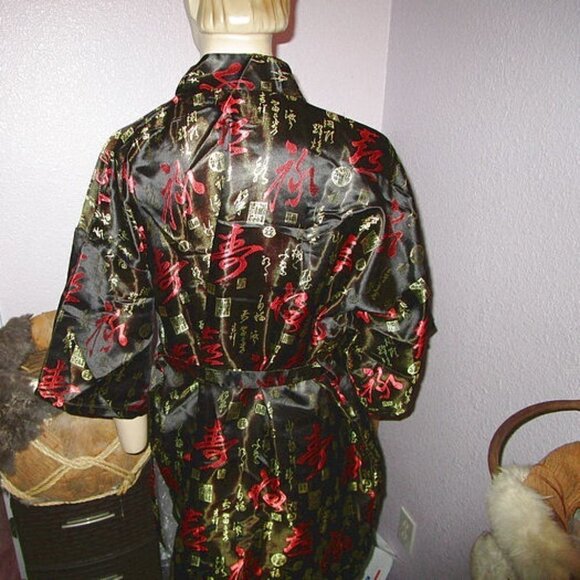 Vintage CHINESE One Size ROBE Smoking Jacket LONGEVITY & WEALTH Silky KIMONO - Picture 8 of 10
